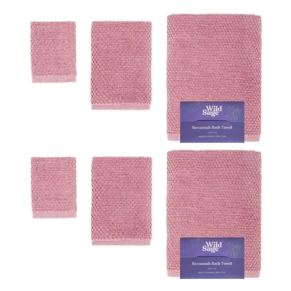 6-pc MAUVE PINK Wild Sage Savannah Quick Dry 90% Cotton Towel Set BATH HAND WASH